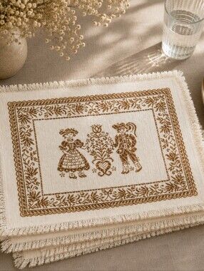 Vintage Austrian Woven Placemats Set of 4 Folk Art Brown Linen Cotton